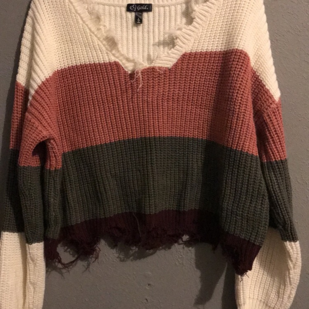 Drop Shoulder Distressed Trim Sweater